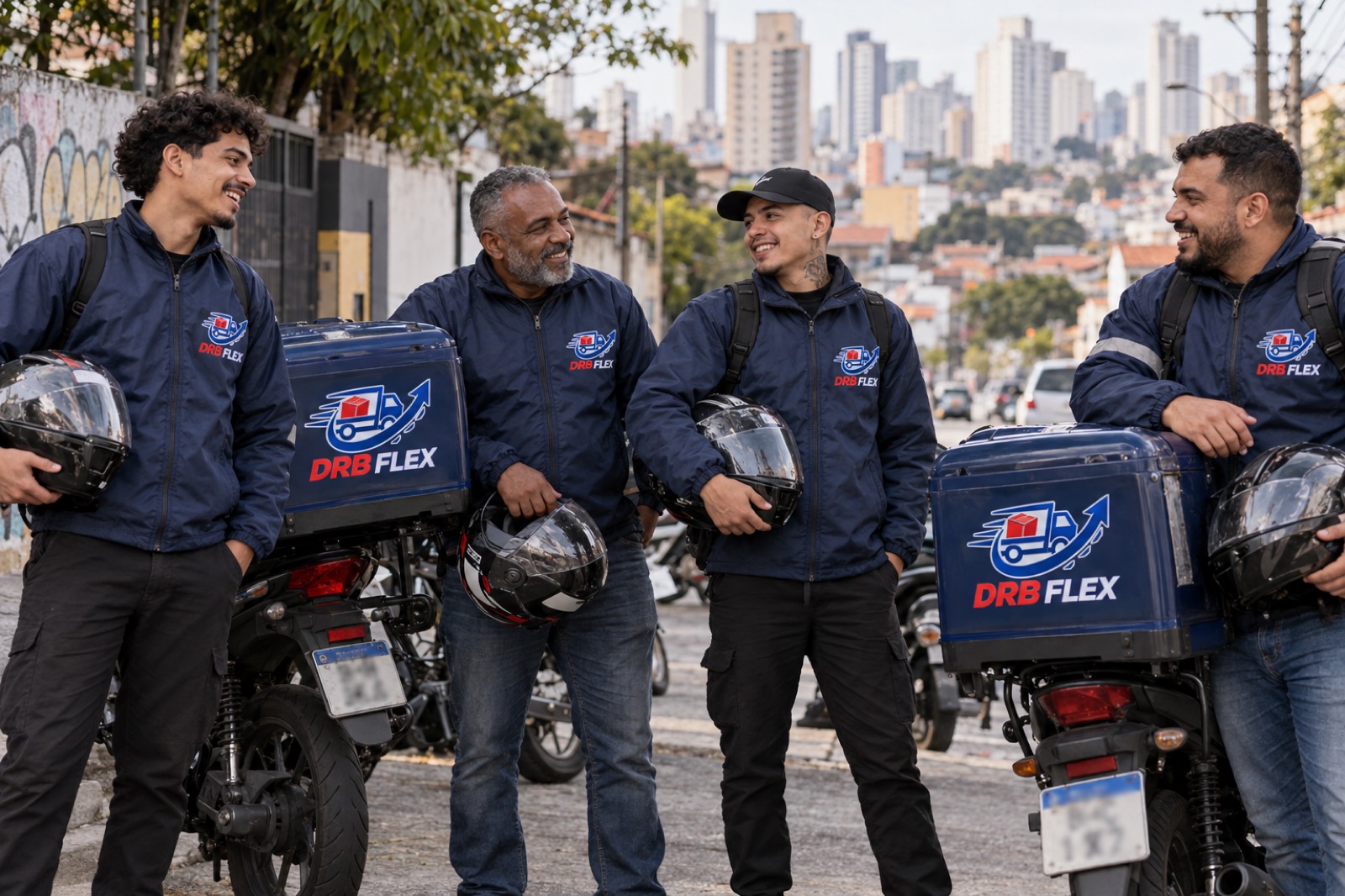 Equipe de motoboys da DRB Flex, de jaqueta azul-marinho, ao lado das motos com baú com o logo DRB Flex
