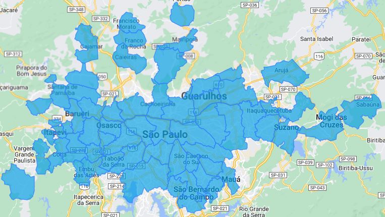 Mapa de cobertura Flex em São Paulo e Grande São Paulo, com destaque para a capital, Guarulhos, Osasco, ABC e Barueri